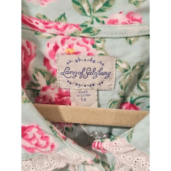 Lanz of Salzburg Flannel Pajamas 2 Piece Mint Green Pink Roses NWT 1X Floral - Picture 4 of 16